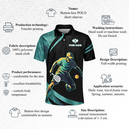 Pickleball Polo Shirt Custom Name Team Name Black Teal Performance Athletic Shirt