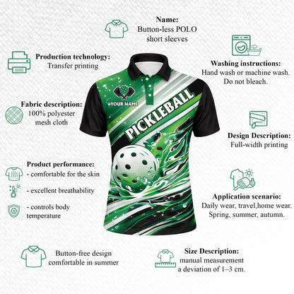 Custom Pickleball Polo Shirt Personalized Name Green Splash Design Performance Sports Shirt
