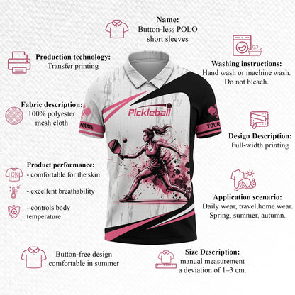 Custom Pickleball Polo Shirt Women Personalized Name Pink Black Athletic Performance All Over Print Shirt