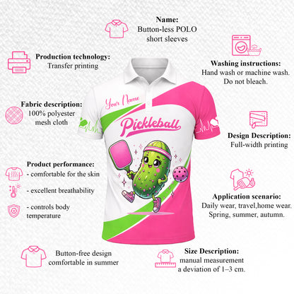 Women Pickleball Polo Shirt Custom Name Cute Pickle Graphic Sport Shirt Breathable Mesh Top