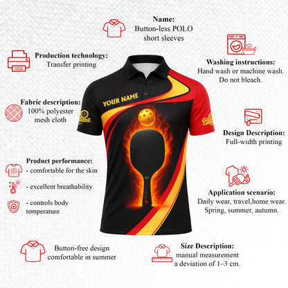 Personalized Pickleball Polo Shirt Flame Paddle Graphic Custom Name Breathable Sport Performance Tee