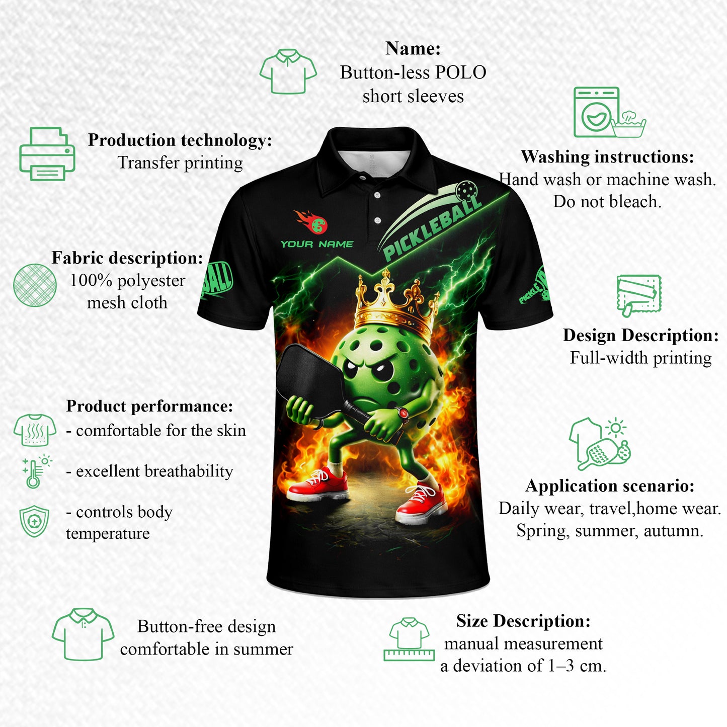 Pickleball Polo Shirt Crown King Pickleball Ball Fire Lightning Custom Name Performance Shirt