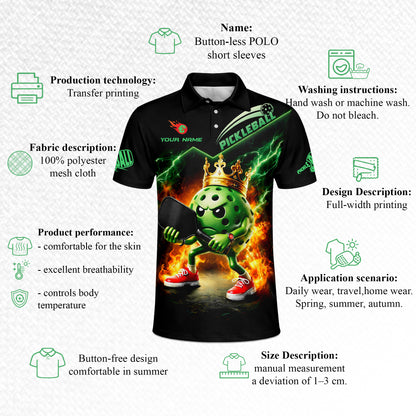 Pickleball Polo Shirt Crown King Pickleball Ball Fire Lightning Custom Name Performance Shirt