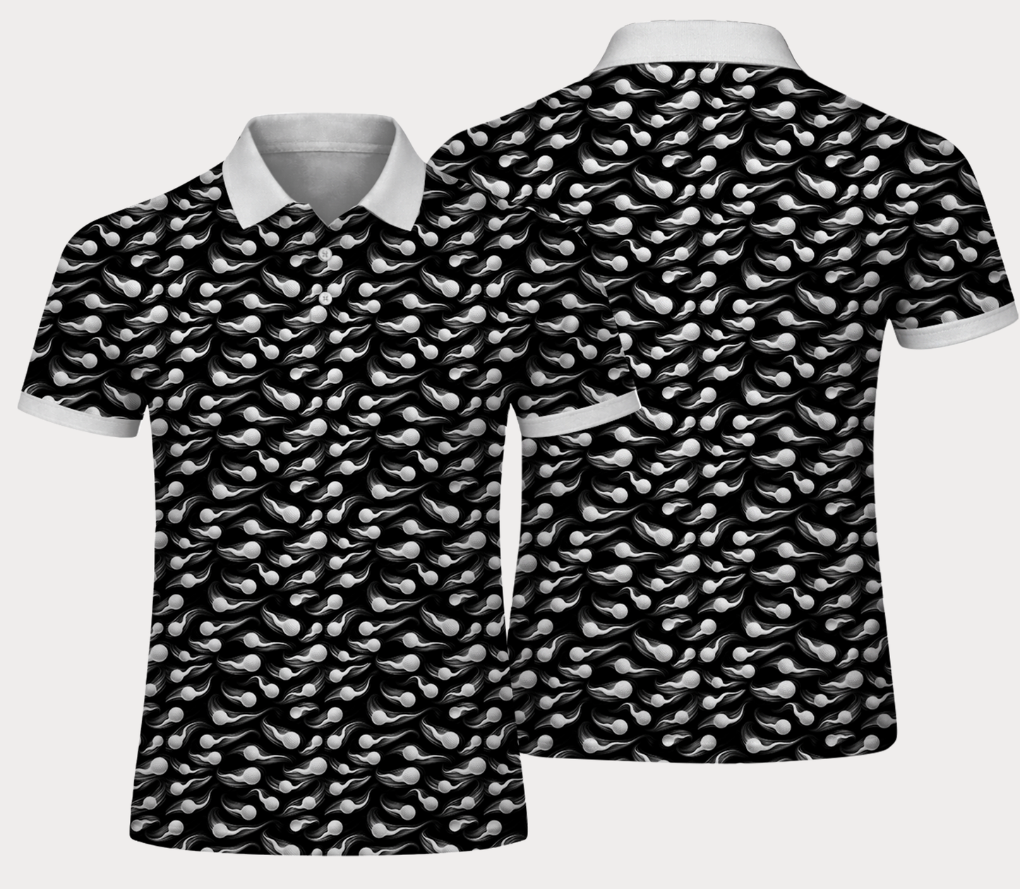 Black & White Golf Polo Shirt – Abstract Ball Pattern All Over Print