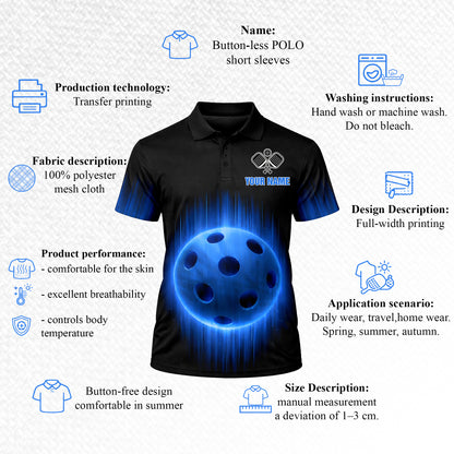 Personalized Pickleball Polo Shirt Men Custom Name Team Glowing Blue Ball Lightning Design Moisture Wicking Polyester Black Blue Short Sleeve Tee