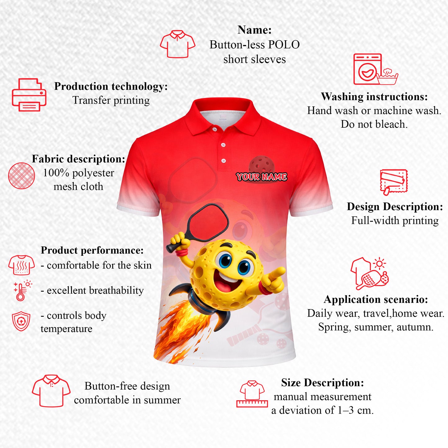 Men's Custom Pickleball Polo Shirt Funny Cartoon Ball Rocket Design Personalized Name Team Short Sleeve Red White Polyester Polo
