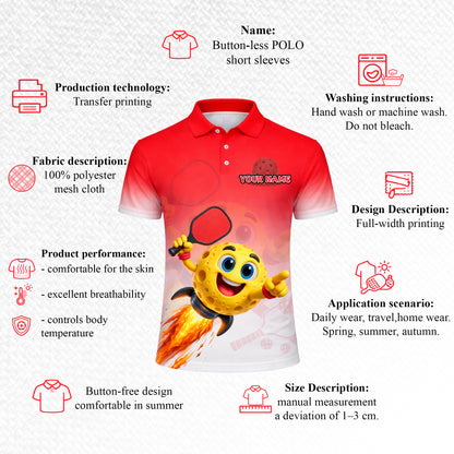 Men's Custom Pickleball Polo Shirt Funny Cartoon Ball Rocket Design Personalized Name Team Short Sleeve Red White Polyester Polo