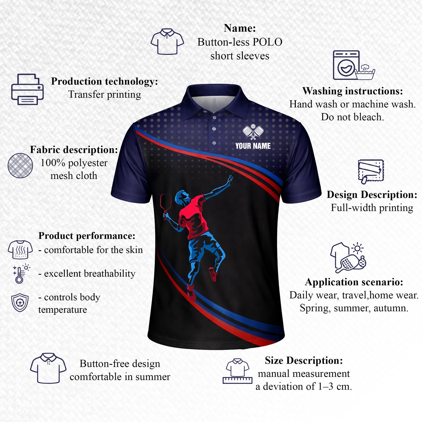 Pickleball Polo Shirt Personalized Name Men Women Sport Performance Polo Blue Red Player Design