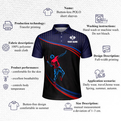 Pickleball Polo Shirt Personalized Name Men Women Sport Performance Polo Blue Red Player Design