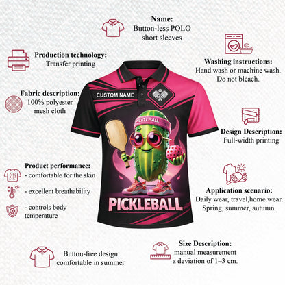 Custom Pickleball Polo Shirt Funny Pickle Character Graphic Breathable Polyester Sports Golf Tennis Casual Shirt Black
