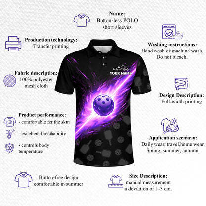 Personalized Pickleball Polo Shirt Purple Fire Ball Custom Team Name Performance Shirt All Over Print