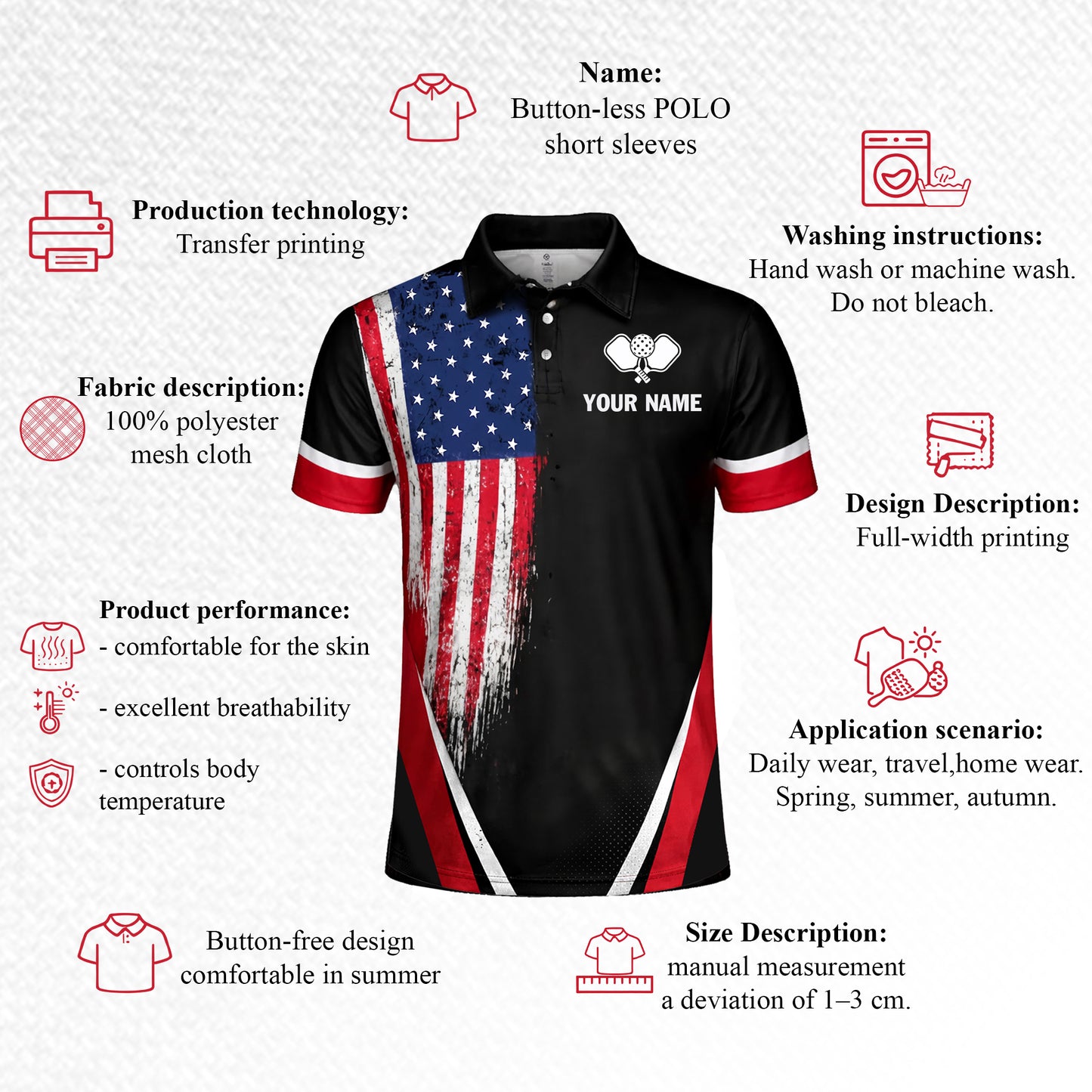 Custom Pickleball Polo Shirt USA Flag Personalized Name Black Red Performance Pickleball Shirt Men Women