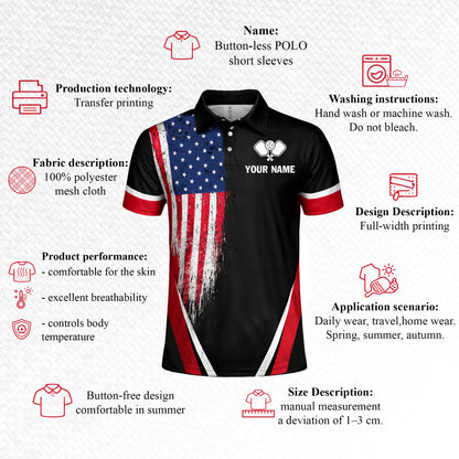 Custom Pickleball Polo Shirt USA Flag Personalized Name Black Red Performance Pickleball Shirt Men Women
