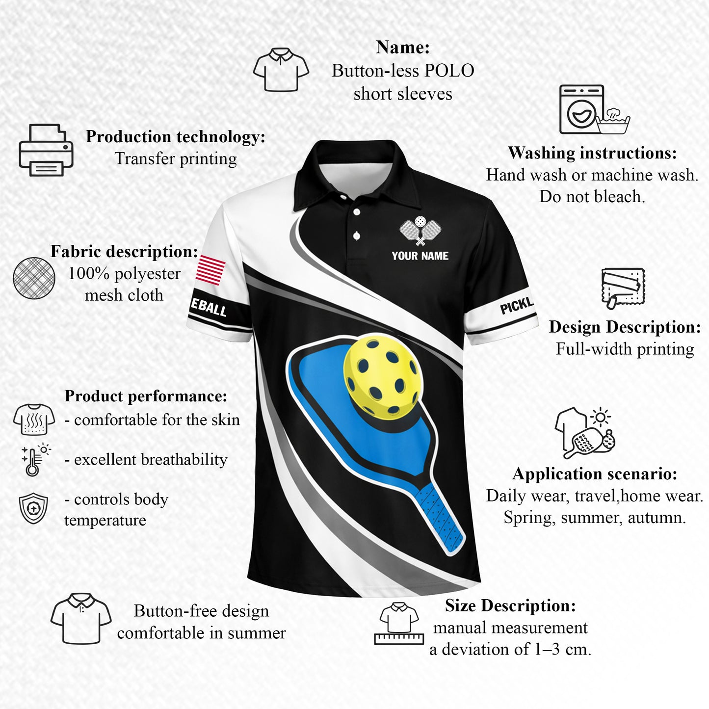 Pickleball Polo Shirt Personalized Name Unisex Black White Paddle Ball Graphic Performance Polo