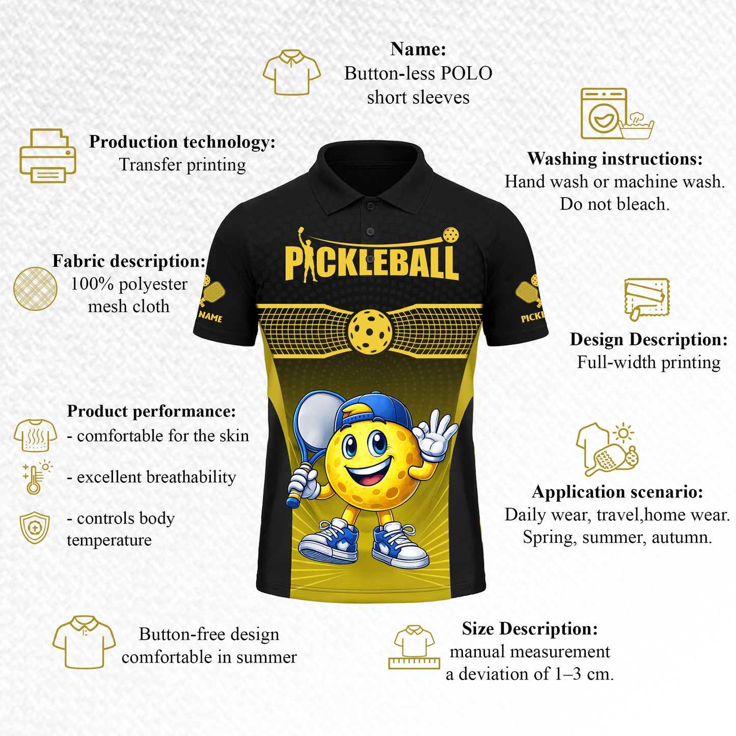 Pickleball Polo Shirt Funny Cartoon Ball Player Sport Golf Style Breathable Unisex Shirt
