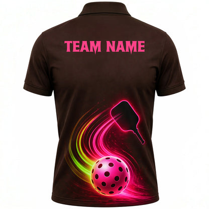 Neon Glow Pickleball Paddle Ball Mens Polo Brown Pink
