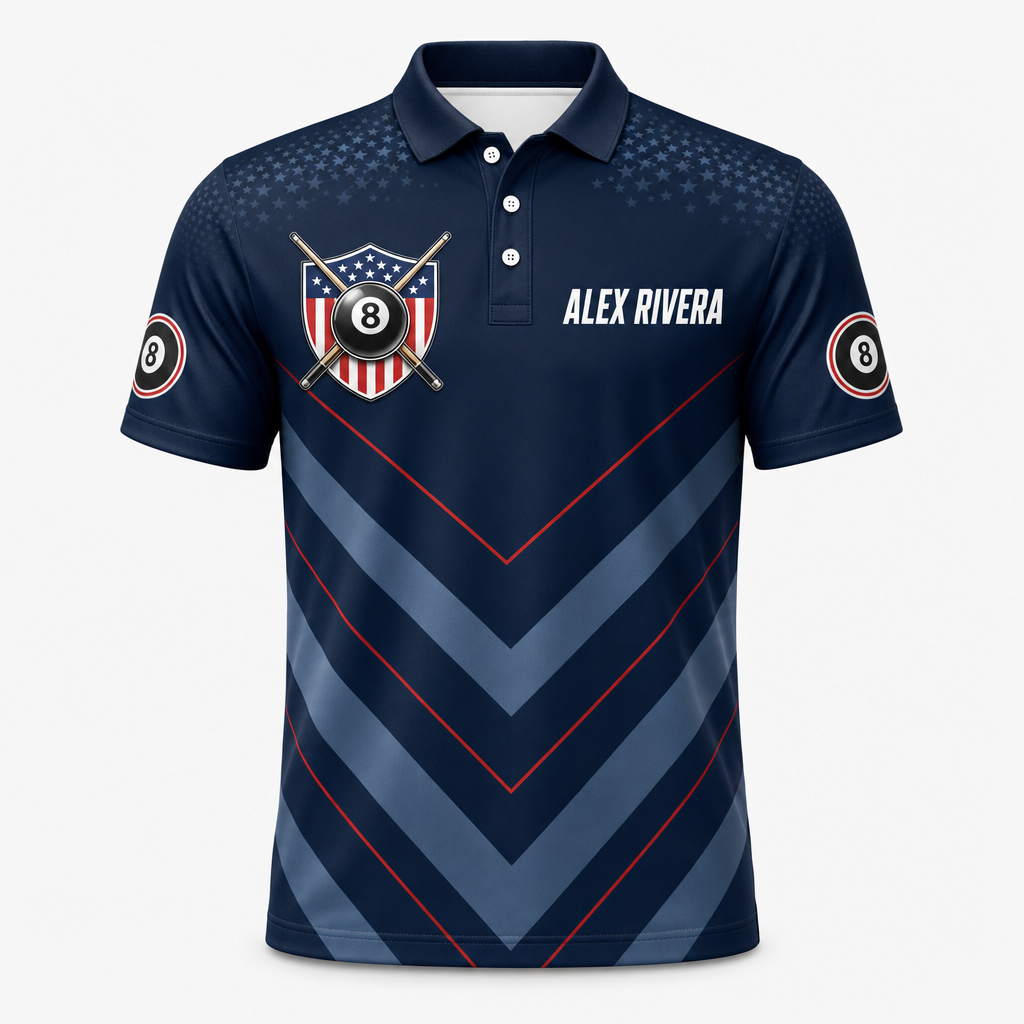 Custom Billiards Team AOP Polo – USA Shield – Name & Team - Hero