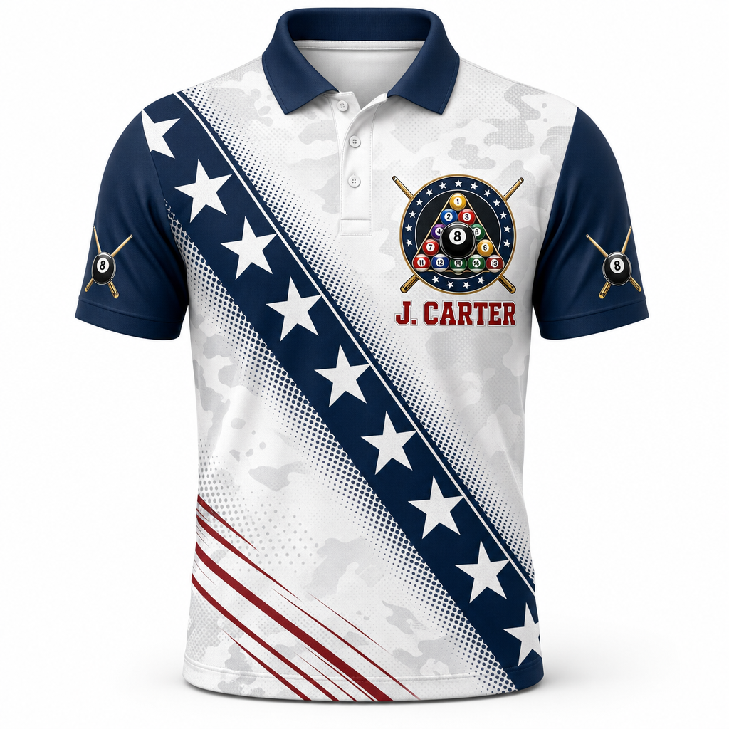 Patriotic Billiards Team AOP Polo – Custom Name & Team - Hero