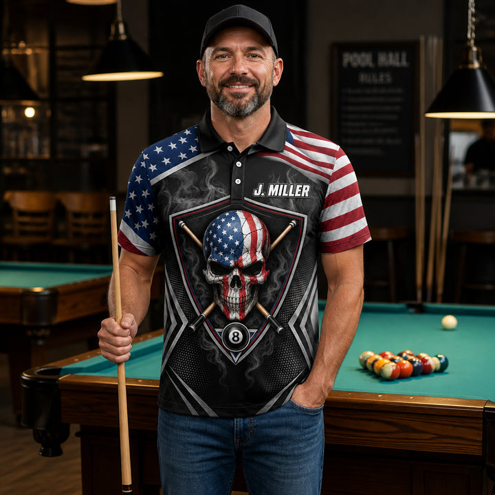 Patriotic Billiards Skull AOP Polo – Personalized Name & Team - Lifestyle 1