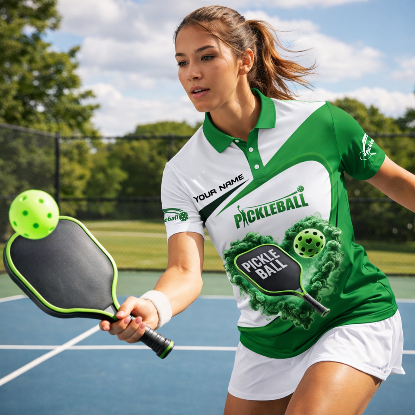 Pickleball Polo Shirt Custom Name Green White Heart Paddle Ball Sports Shirt Gift
