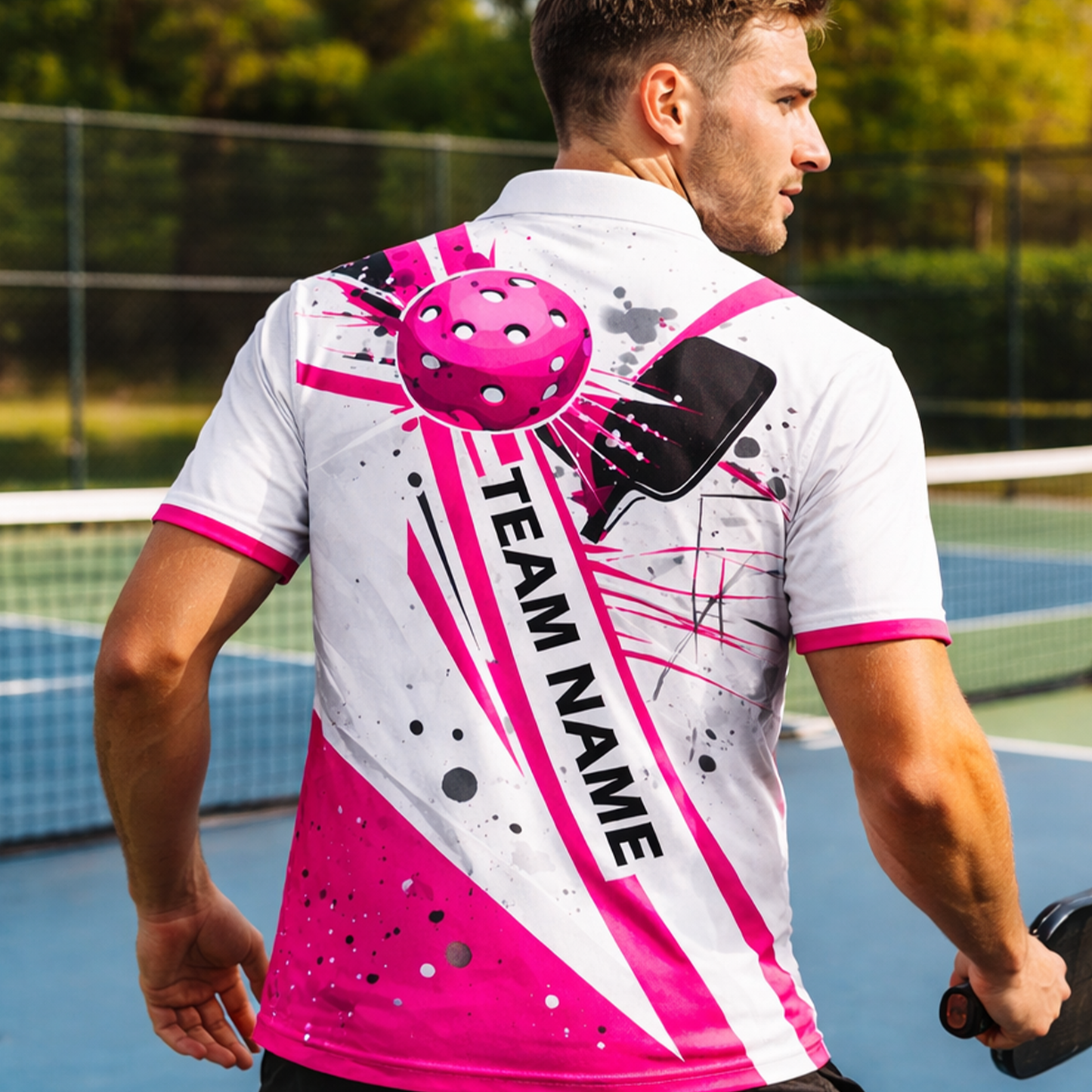 Mens Pickleball Polo Shirt Pink Splash Custom Name Team