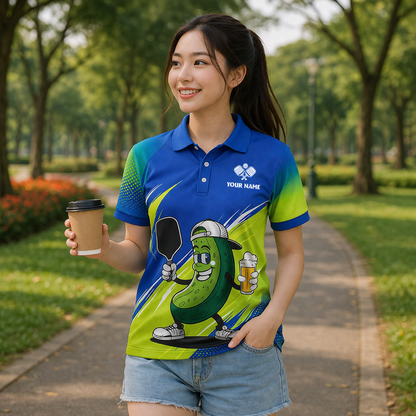 Funny Pickleball Polo Shirt Custom Name Team Shirt Beer Pickle Graphic Athletic Polo