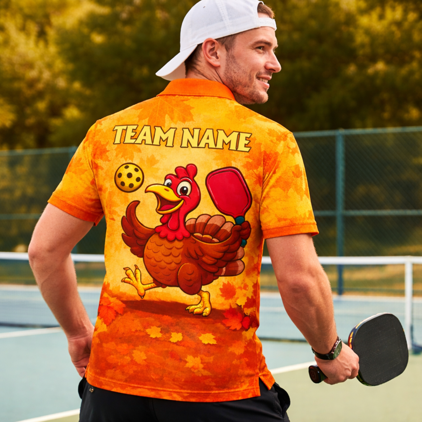 Funny Turkey Pickleball Polo Shirt Custom Name Team Shirt Thanksgiving Pickleball Outfit Breathable Mesh Top