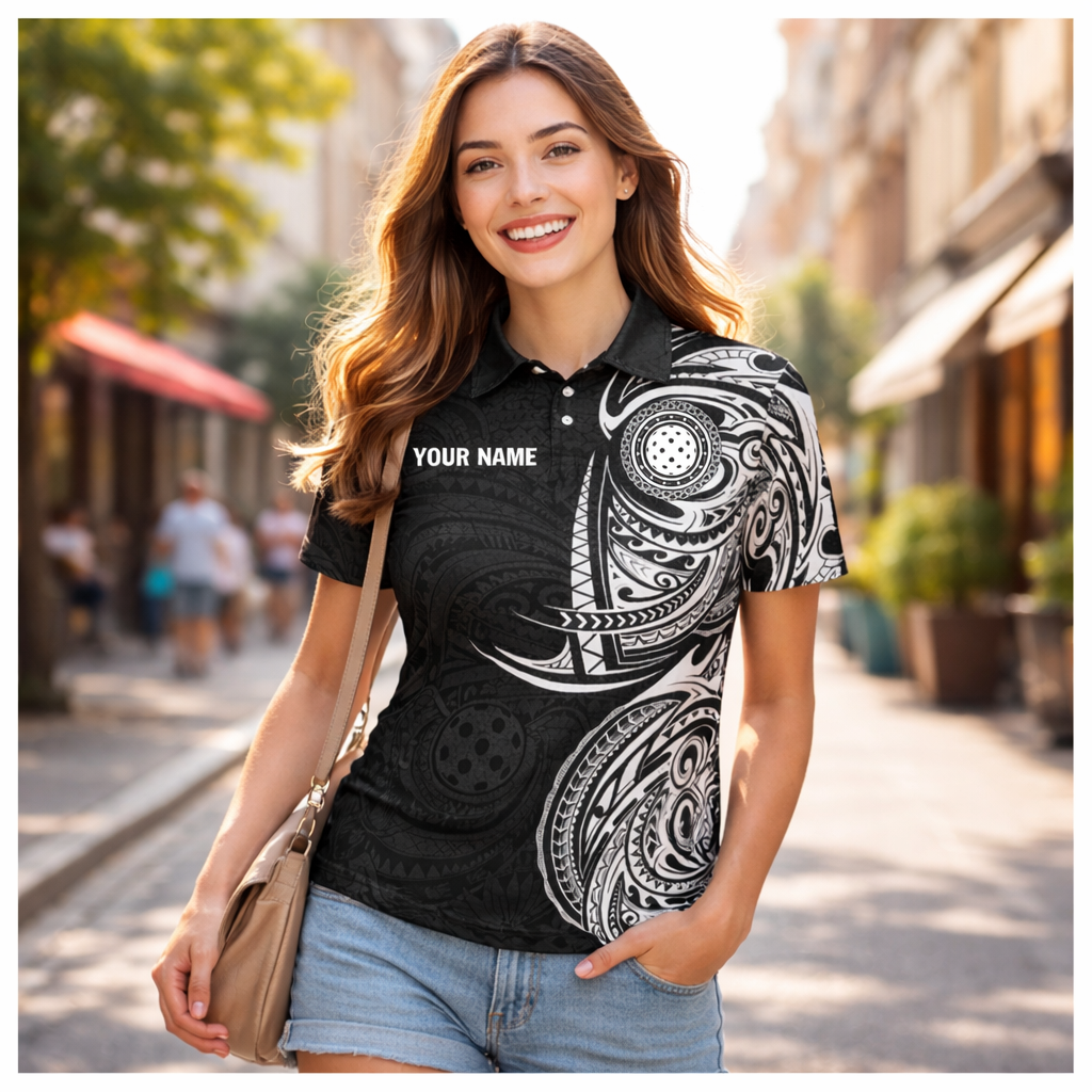 Personalized Pickleball Polo Shirt Tribal Black White Custom Name Team Sport Shirt