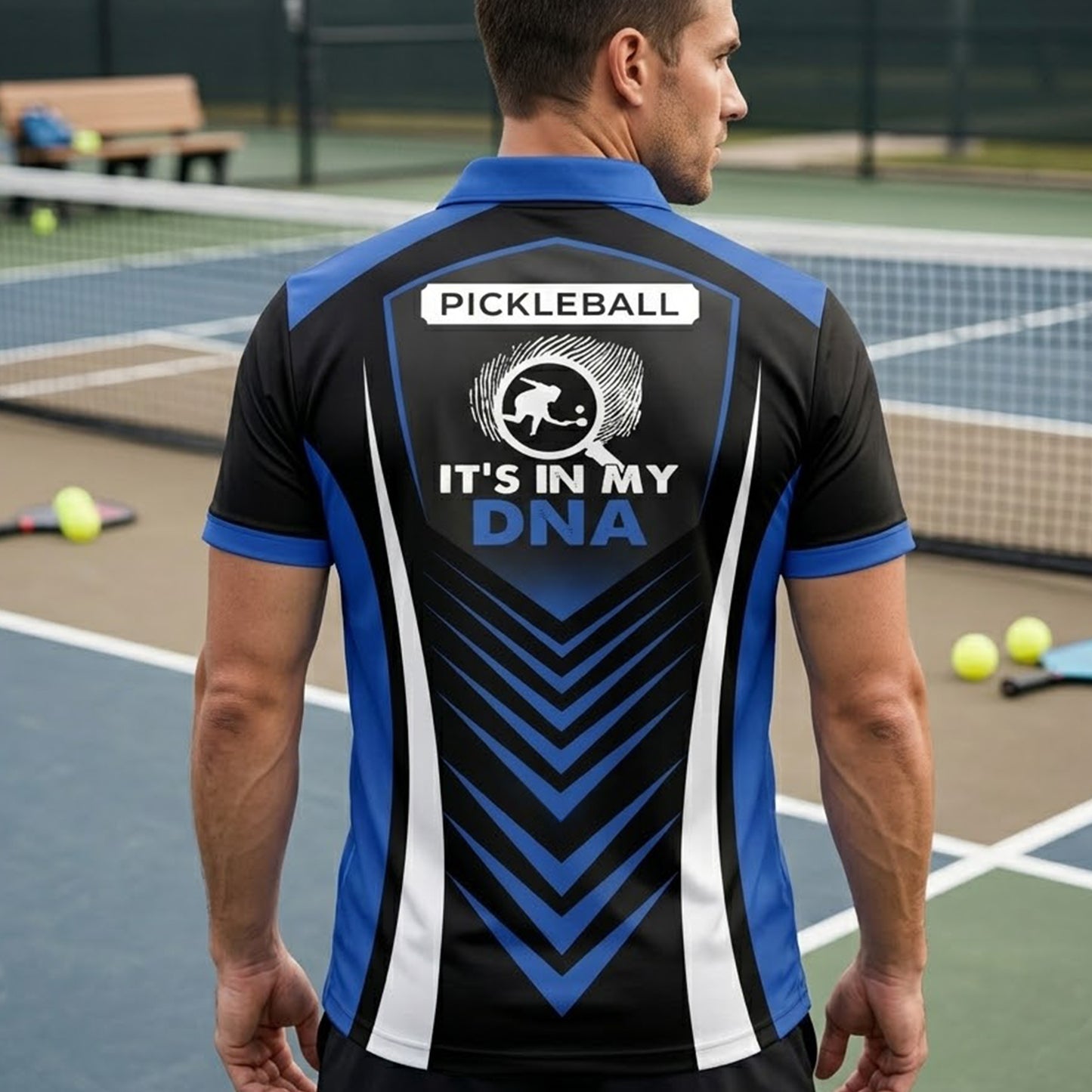 Pickleball Polo Shirt Custom Name It's In My DNA Graphic Performance Sport Shirt Black Blue Unisex