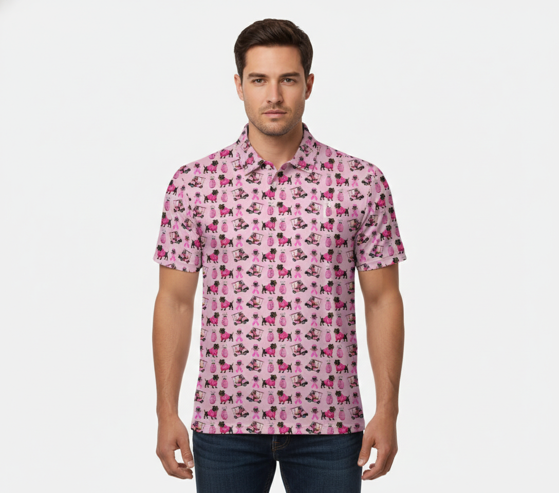 Pink Golf Polo Shirt with Dog Print – Breast Cancer Awareness Ribbon All Over Print Polo