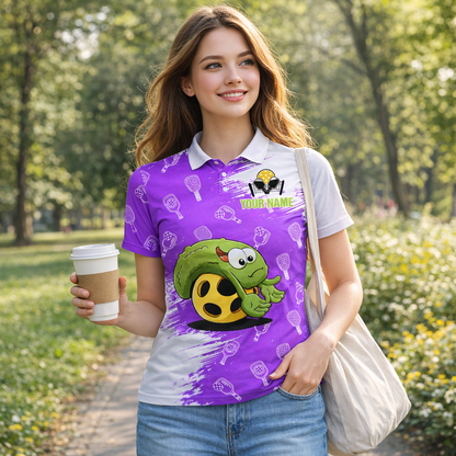 Custom Team Name Pickleball Polo Shirt for Men, Funny Turtle Purple Pickleball Paddle Pattern Personalized Jersey, Short Sleeve Athletic Sports Polo for Players and Teams