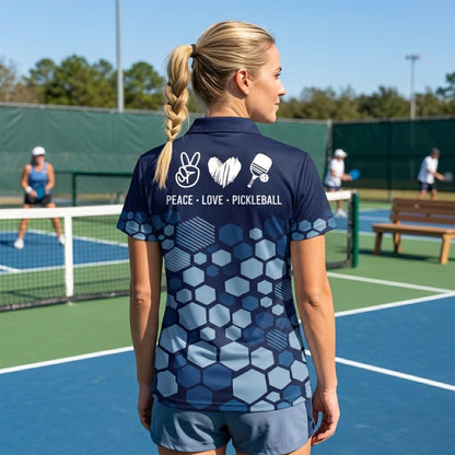 Custom Pickleball Polo Shirt Blue Hexagon Personalized Name Performance Pickleball Shirt Men Women