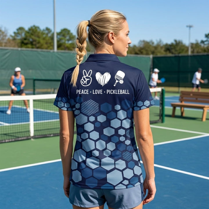 Custom Pickleball Polo Shirt Blue Hexagon Personalized Name Performance Pickleball Shirt Men Women