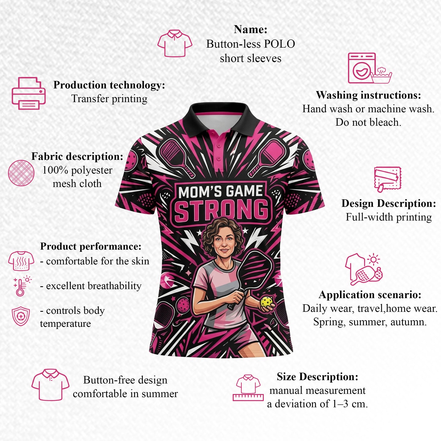 Moms Game Strong Pickleball Polo Shirt for Women Pink