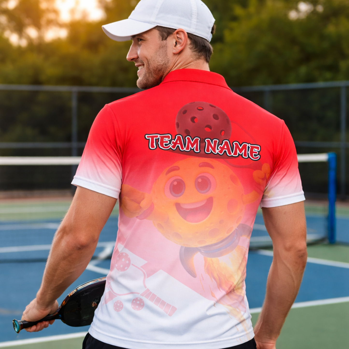 Men's Custom Pickleball Polo Shirt Funny Cartoon Ball Rocket Design Personalized Name Team Short Sleeve Red White Polyester Polo