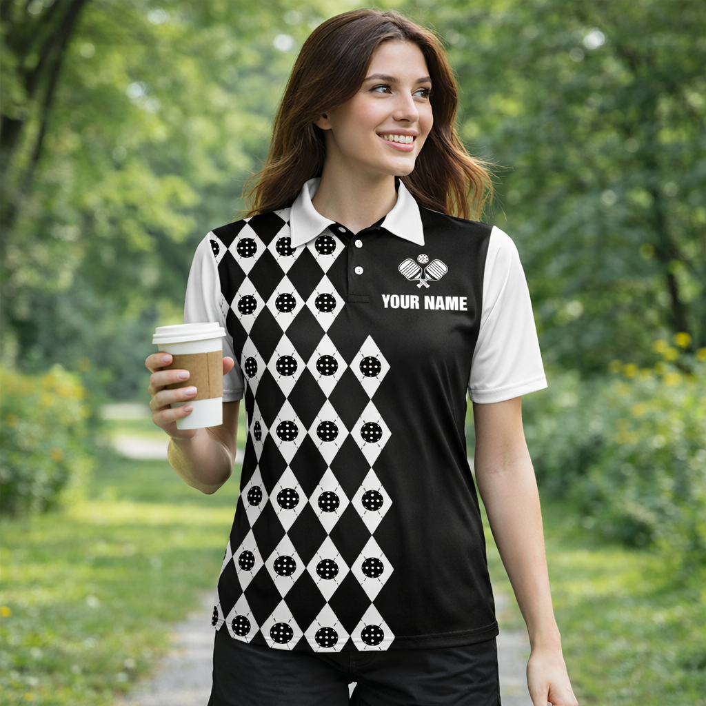Custom Pickleball Polo Shirt Personalized Name Argyle Black White Performance Team Shirt Unisex