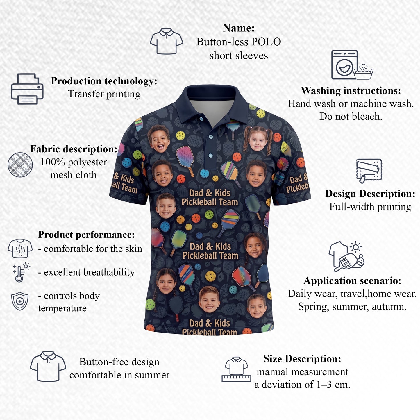 Dad & Kids Pickleball Team Custom Photo Polo Navy