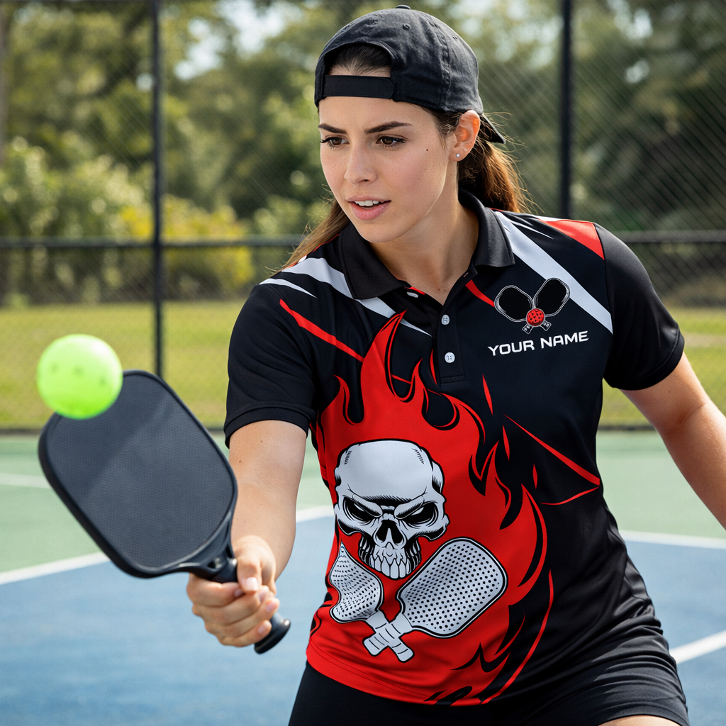 Custom Pickleball Polo Shirt Skull Flame Design Personalized Name Team Shirt Performance Sports Polo