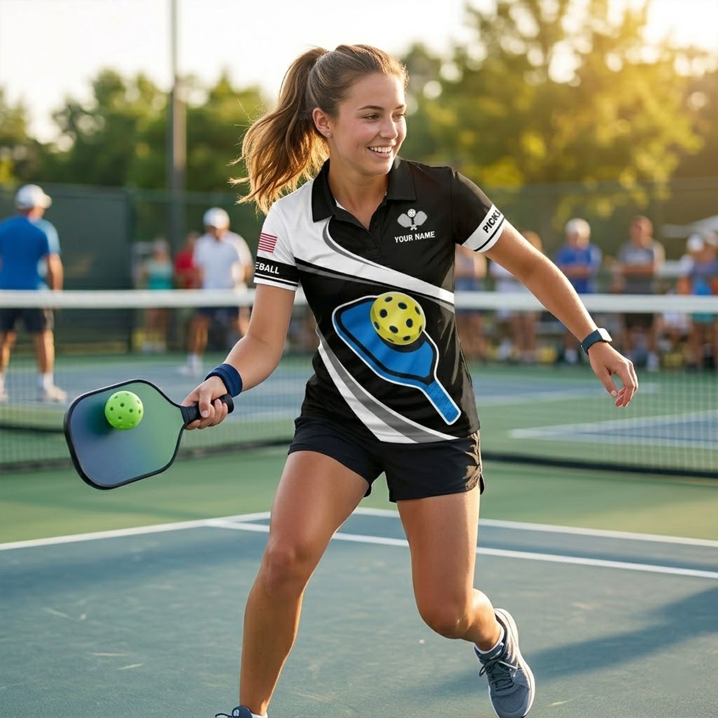 Pickleball Polo Shirt Personalized Name Unisex Black White Paddle Ball Graphic Performance Polo