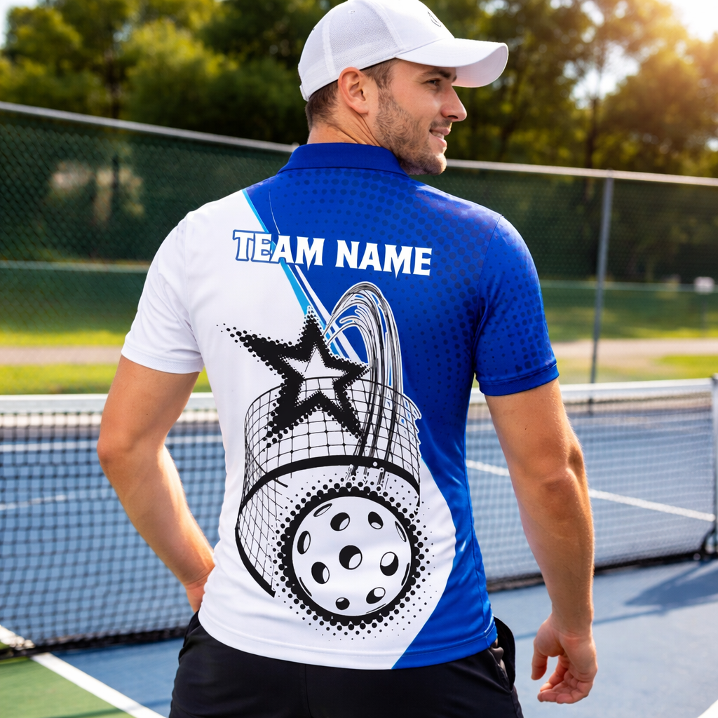 Men's Personalized Pickleball Polo Shirt, Custom Name & Team Halftone Star Ball Print, Moisture-Wicking Polyester, Blue White, Size S-5XL, 1-Pack