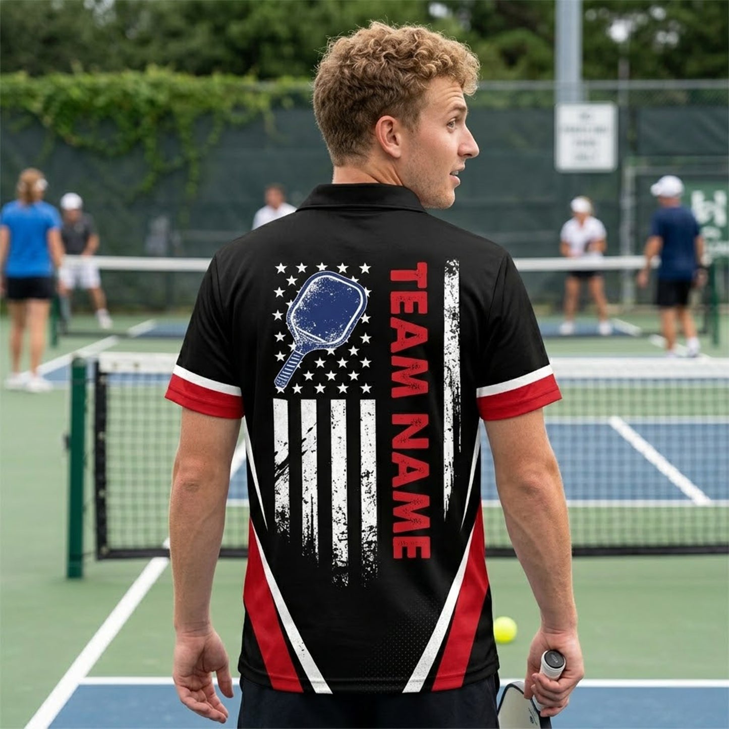 Custom Pickleball Polo Shirt USA Flag Personalized Name Black Red Performance Pickleball Shirt Men Women