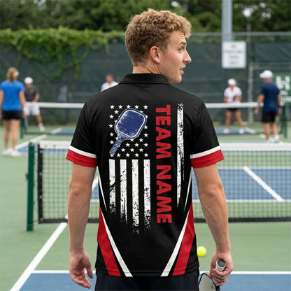 Custom Pickleball Polo Shirt USA Flag Personalized Name Black Red Performance Pickleball Shirt Men Women
