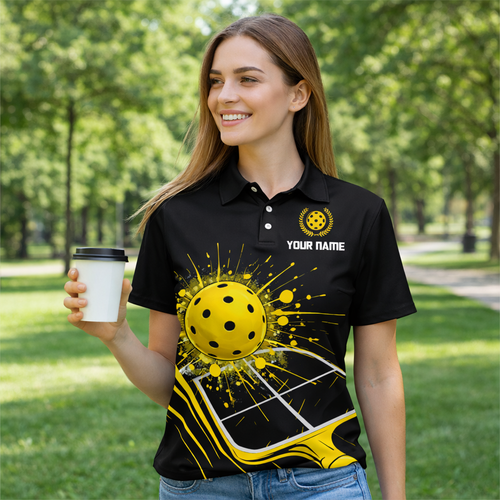 Pickleball Polo Shirt Custom Name Team Shirt Black Yellow Paddle Ball Design Breathable Sports Polo