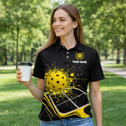 Pickleball Polo Shirt Custom Name Team Shirt Black Yellow Paddle Ball Design Breathable Sports Polo