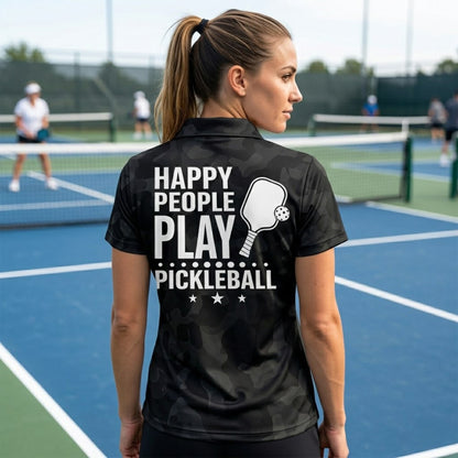 Custom Name Pickleball Polo Shirt Black Camo Happy People Play Pickleball Performance Shirt