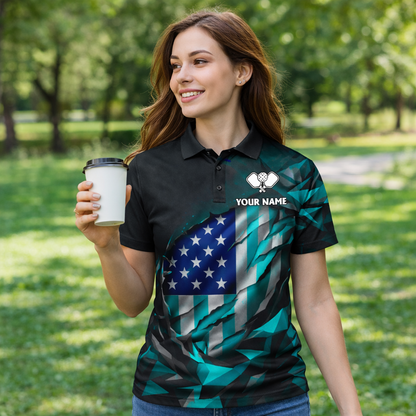 Personalized Pickleball Polo Shirt USA Flag Style Custom Name Team Shirt Breathable Performance Top