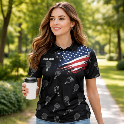 Personalized Pickleball Polo Shirt Custom Name USA Flag Performance Shirt