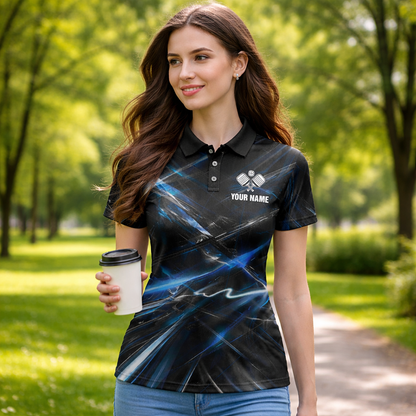 Personalized Pickleball Polo Shirt Blue Lightning Abstract Design Custom Name Athletic Performance Shirt