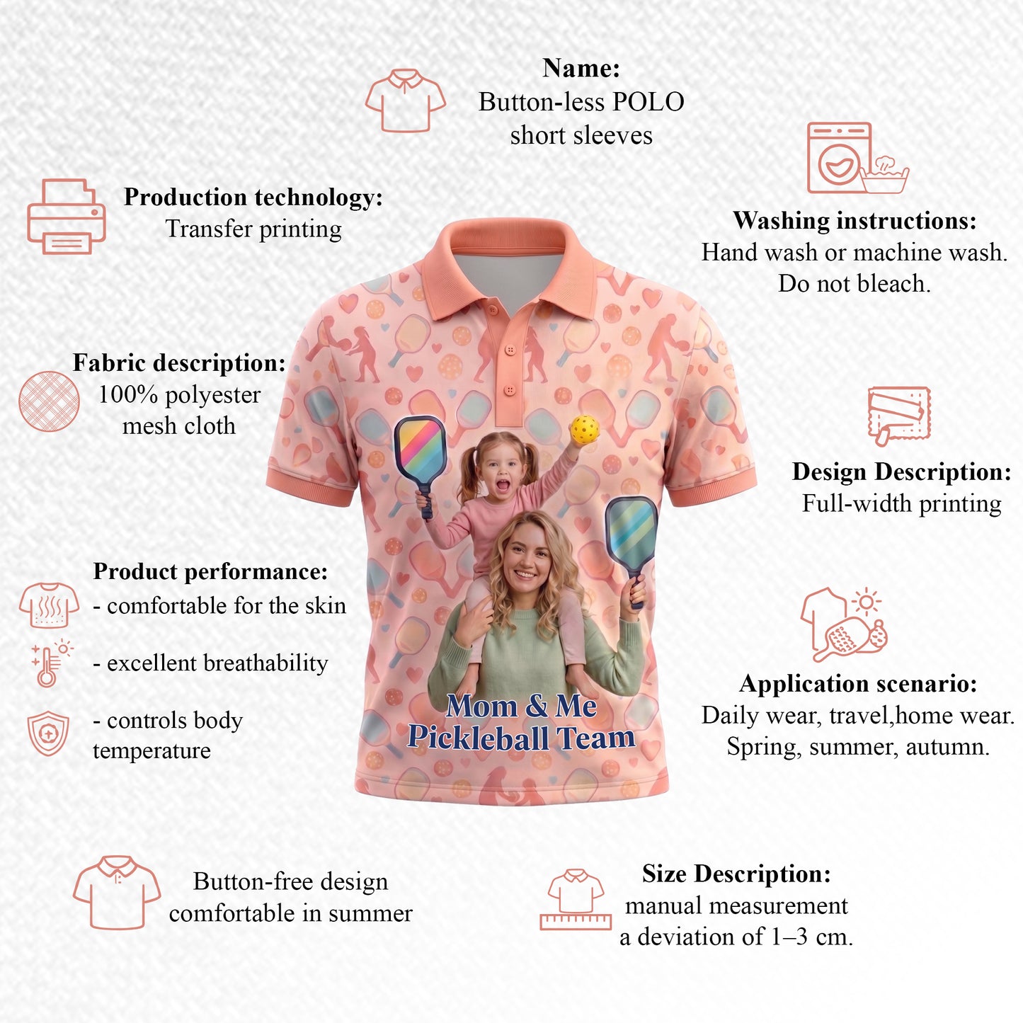 Mom & Me Custom Photo Pickleball Polo Shirt Peach Family