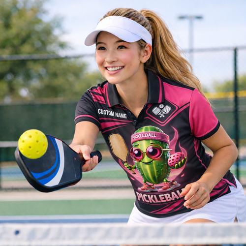 Custom Pickleball Polo Shirt Funny Pickle Character Graphic Breathable Polyester Sports Golf Tennis Casual Shirt Black